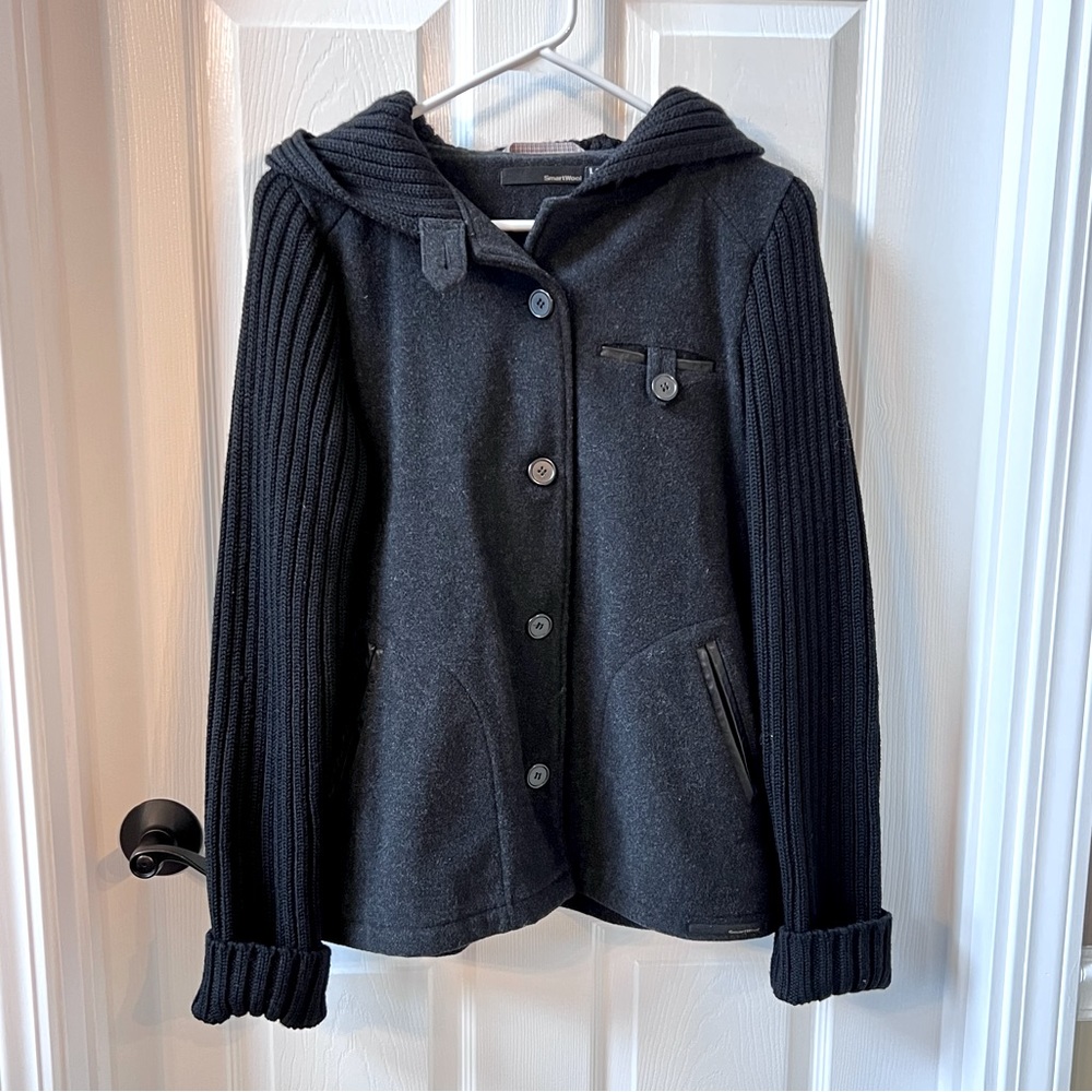 ⭐️ SMARTWOOL Black Charcoal  Jacket Button Up Knit Merino Wool Hooded LARGE